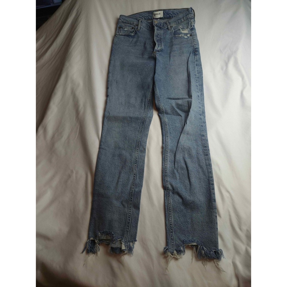 AGOLDE Los Angeles Distressed Straight Leg Jeans Light Wash Raw Hem Womens 26
